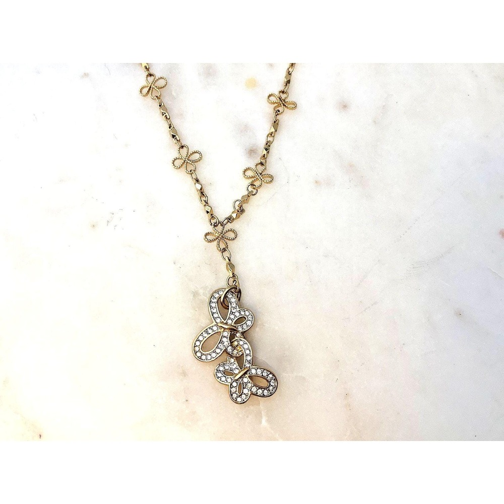 Swarovski Necklace Gold Tone Crystal Butterflies Pendant Drop Signed Swan Tag